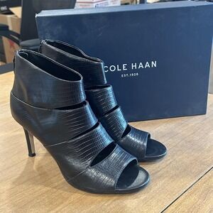 Cole Haan Boots Womens Size 9.5 Black Leather Clare OT Shootie II Open Toe Zip